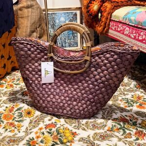 Straw Studios Brown Purple Woven Straw Tote Bag Bamboo Handles Paisley NWT